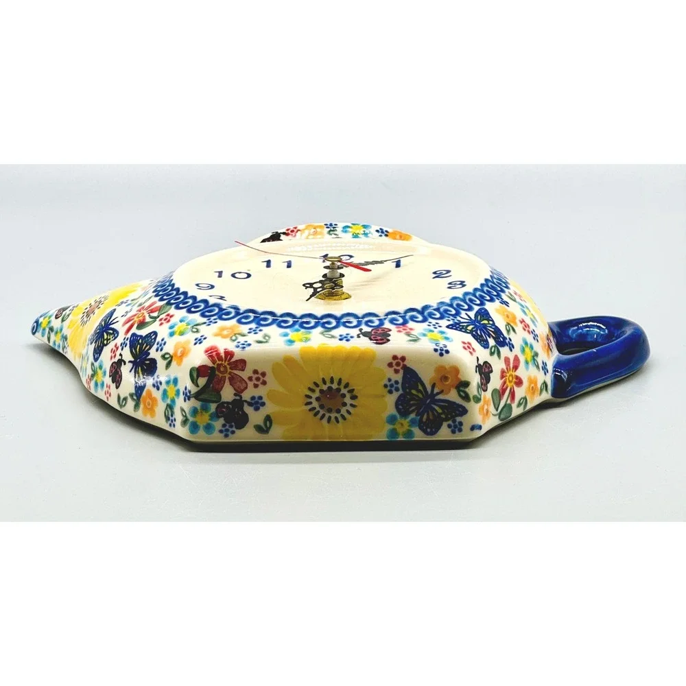 Polish Pottery Teapot Kettle Wall Mantle Clock Floral Butterfly Alla Volta